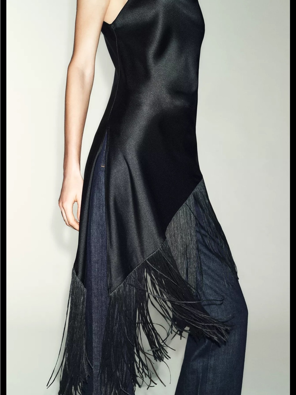 Black Satin Fringe Asymmetric Slip Dress - Picture 2 of 4
